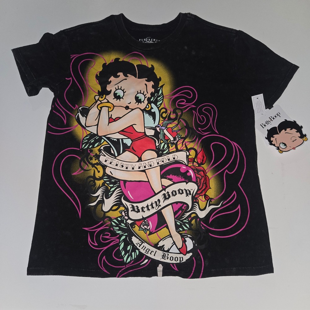Betty Boop Graphic T-Shirt XS Black Mineral Wash Feisty and Bold Angel Boop NWT